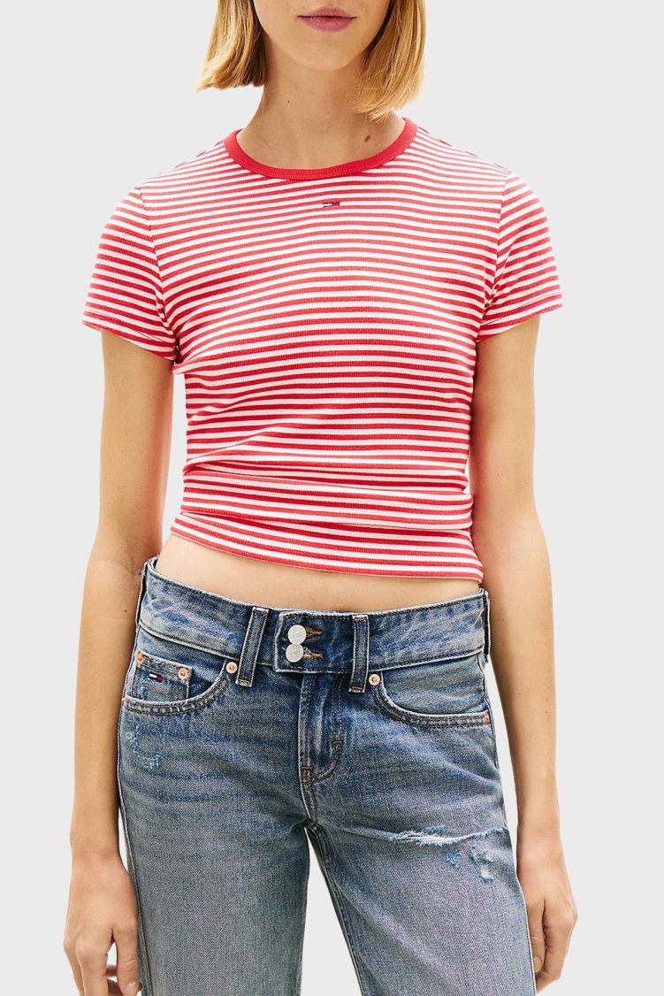 Tommy Jeans Pamuklu Çizgili Slim Fit Bisiklet Yaka Kadın T Shirt DW0DW17383 0EY KIRMIZI-BEYAZ - Tommy Jeans