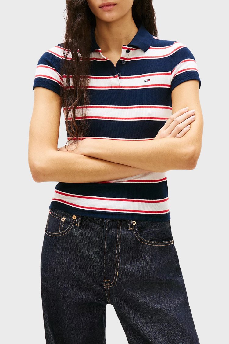 Tommy Jeans Pamuklu Çizgili Slim Fit Düğmeli Kadın Polo Yaka T Shirt DW0DW22327 0A7 LACİVERT-BEYAZ - Tommy Jeans