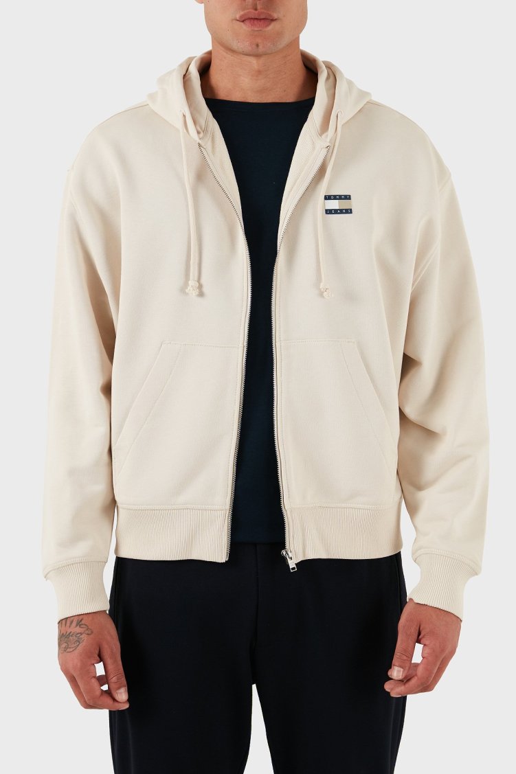 Tommy Jeans Pamuklu Comfort Fit Kapüşonlu Fermuarlı Logolu Erkek Sweat DM0DM21626 ACH KREM - Tommy Jeans