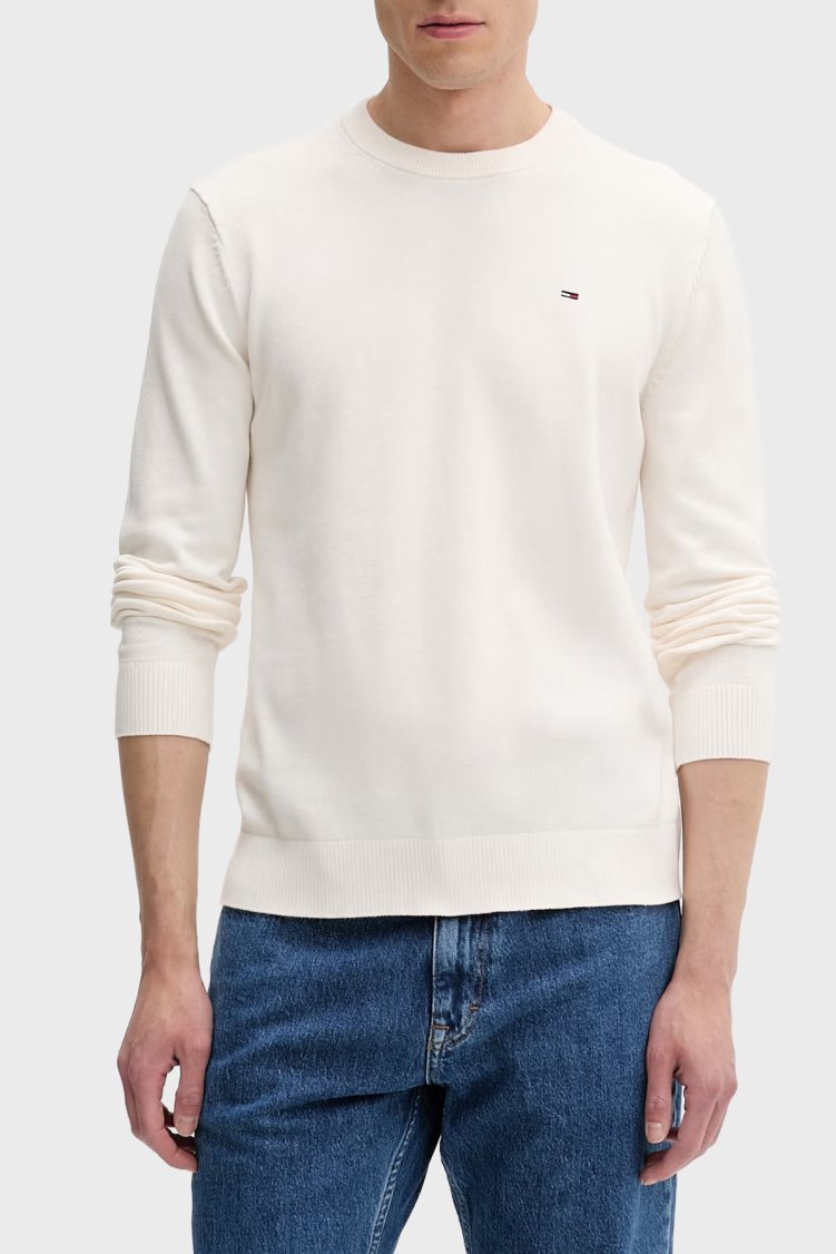 Tommy Jeans Pamuklu Regular Fit Bisiklet Yaka Erkek Kazak DM0DM22853 YBH Beyaz - Tommy Jeans