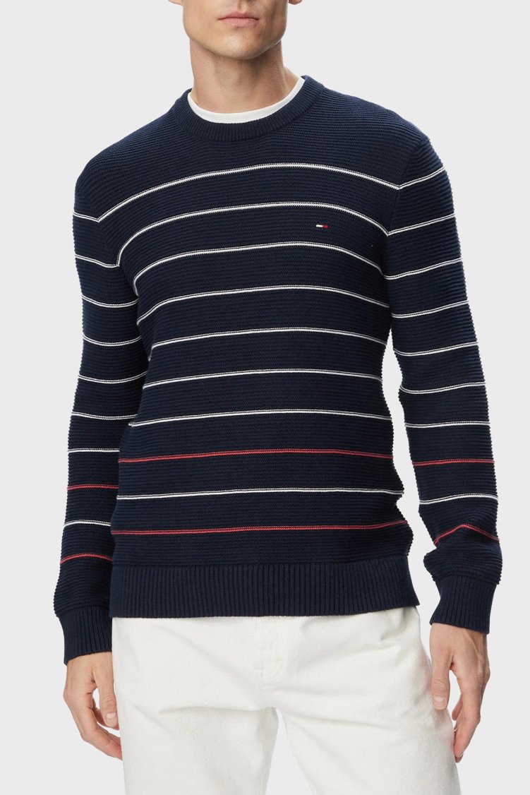 Tommy Jeans Pamuklu Regular Fit Çizgili Bisiklet Yaka Erkek Kazak DM0DM23384 C1G Lacivert - Tommy Jeans