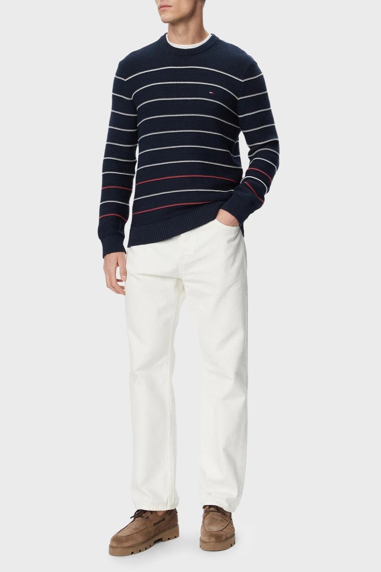 Tommy Jeans Pamuklu Regular Fit Çizgili Bisiklet Yaka Erkek Kazak DM0DM23384 C1G Lacivert - Tommy Jeans (1)