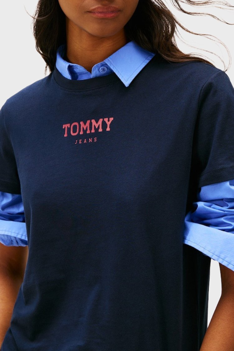 Tommy Jeans Pamuklu Regular Fit Logolu Bisiklet Yaka Kadın T Shirt DW0DW21842 C1G LACİVERT - Tommy Jeans