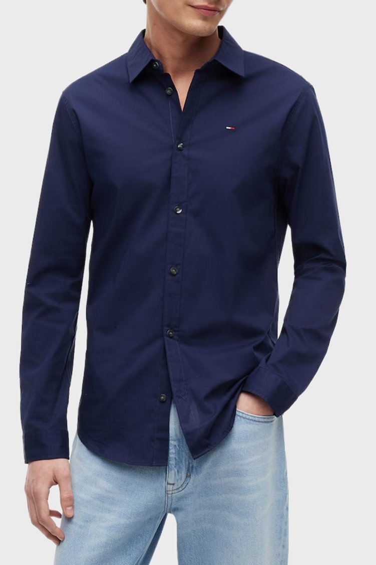 Tommy Jeans Pamuklu Regular Fit Logolu Klasik Yaka Uzun Kollu Erkek Gömlek DM0DM22026 C1G LACİVERT - Tommy Jeans