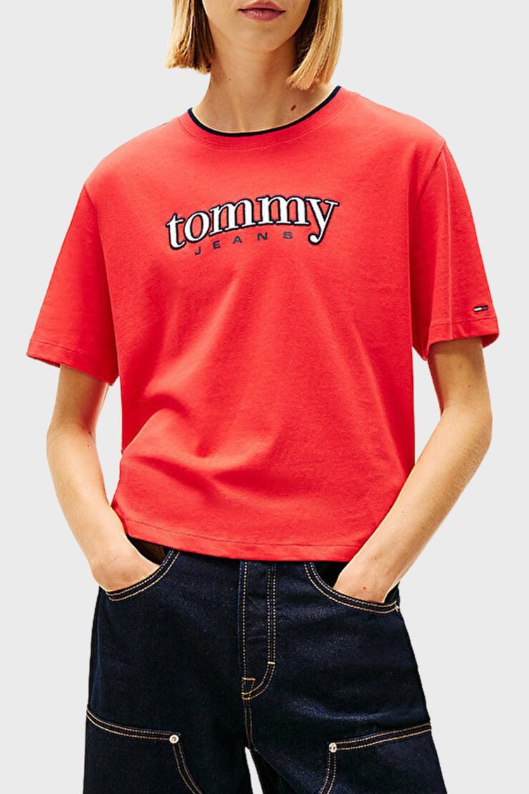 Tommy Jeans Pamuklu Relaxed Fit Logolu Bisiklet Yaka Kadın T Shirt DW0DW22563 XK3 KIRMIZI - Tommy Jeans