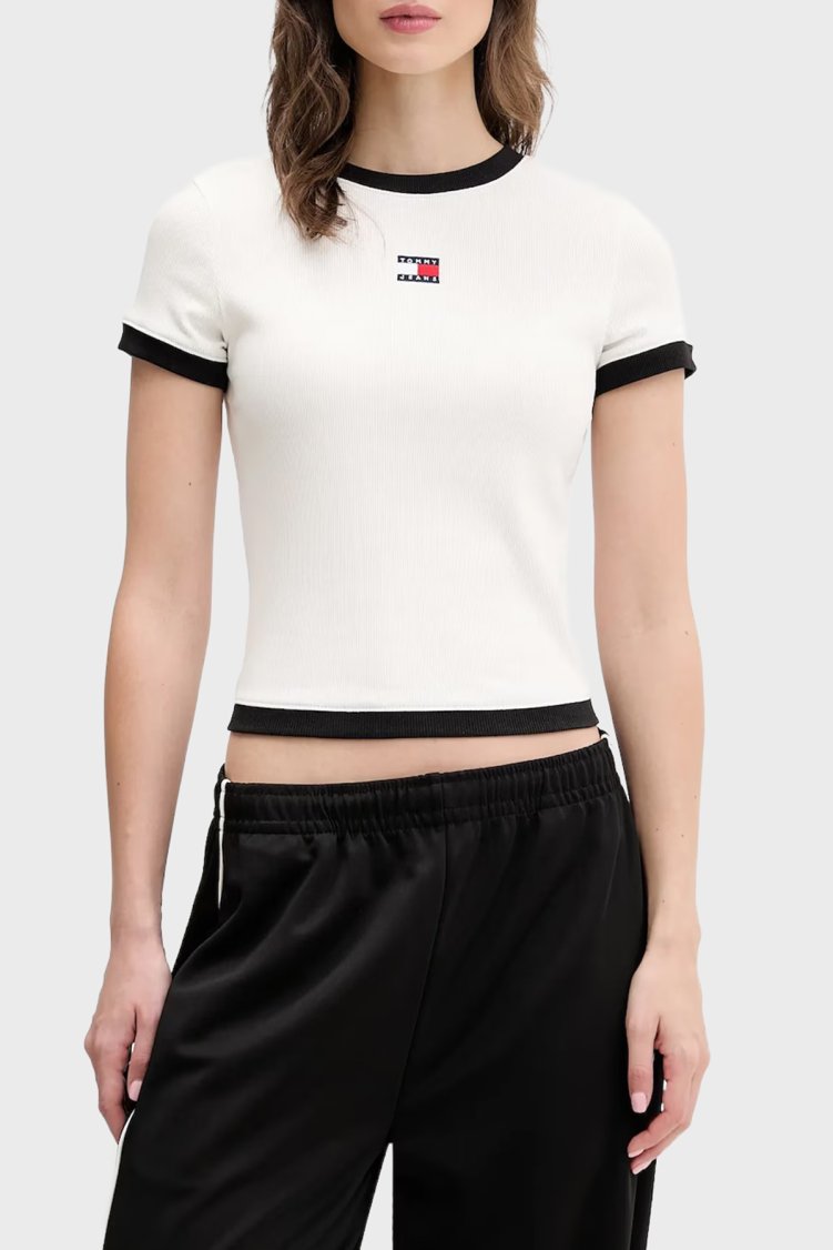 Tommy Jeans Pamuklu Slim Fit Logolu Bisiklet Yaka Bayan T Shirt DW0DW22575 YBL BEYAZ - Tommy Jeans