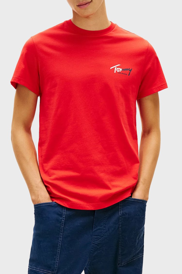 Tommy Jeans Pamuklu Slim Fit Logolu Bisiklet Yaka Erkek T Shirt DM0DM22538 XL8 KIRMIZI - Tommy Jeans