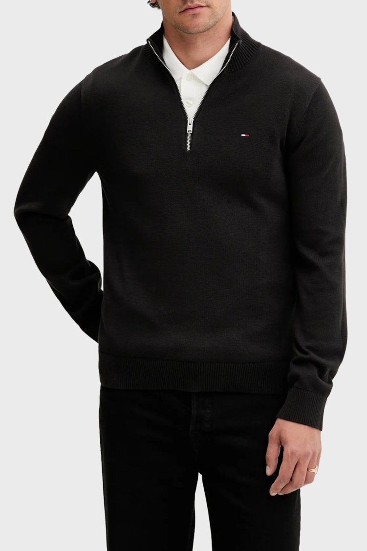 Tommy Jeans Pamuklu Slim Fit Yarım Fermuarlı Dik Yaka Erkek Kazak DM0DM21654 BDS SİYAH - Tommy Jeans