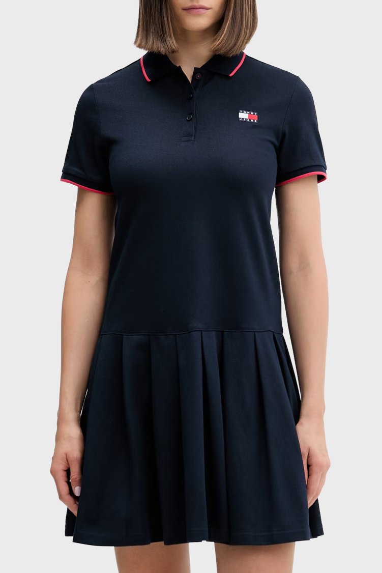 Tommy Jeans Pileli Relaxed Fit Mini Polo Yaka Kadın Elbise DW0DW22328 C1G LACİVERT - Tommy Jeans