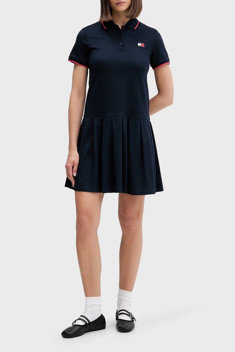 Tommy Jeans Pileli Relaxed Fit Mini Polo Yaka Kadın Elbise DW0DW22328 C1G LACİVERT - Tommy Jeans (1)