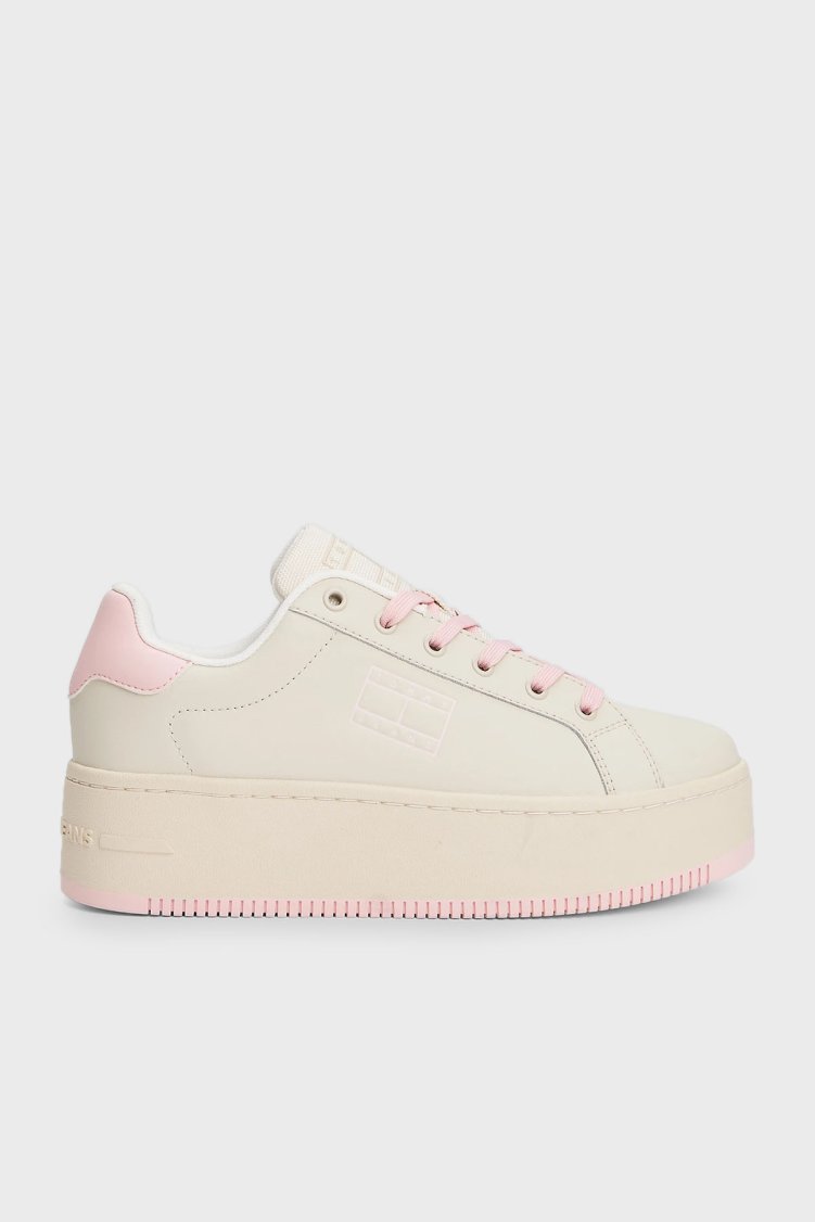 Tommy Jeans Platform Deri Sneaker Kadın Ayakkabı EN0EN02518 TIO KREM-PEMBE - Tommy Jeans
