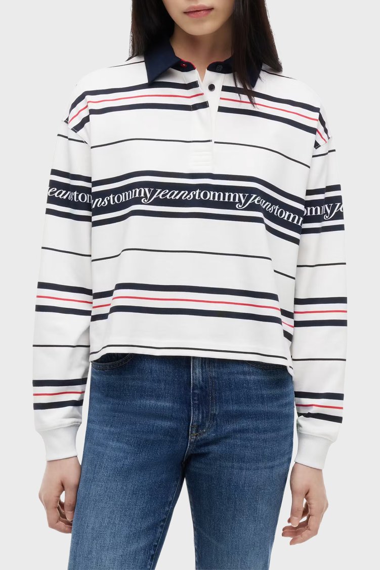 Tommy Jeans Relaxed Fit Yarım Düğmeli Polo Yaka Kadın Sweat DW0DW23145 YBL Beyaz - Tommy Jeans
