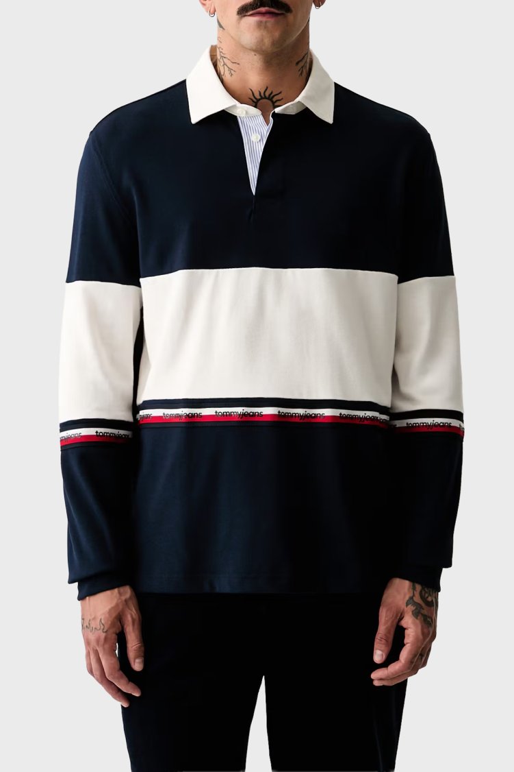 Tommy Jeans Renk Bloklu Pamuklu Relaxed Fit Düğmeli Erkek Polo Yaka Sweat DM0DM23161 C1G Lacivert - Tommy Jeans