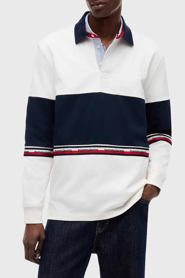 Tommy Jeans Renk Bloklu Pamuklu Relaxed Fit Düğmeli Erkek Polo Yaka Sweat DM0DM23161 YBH Beyaz - Tommy Jeans