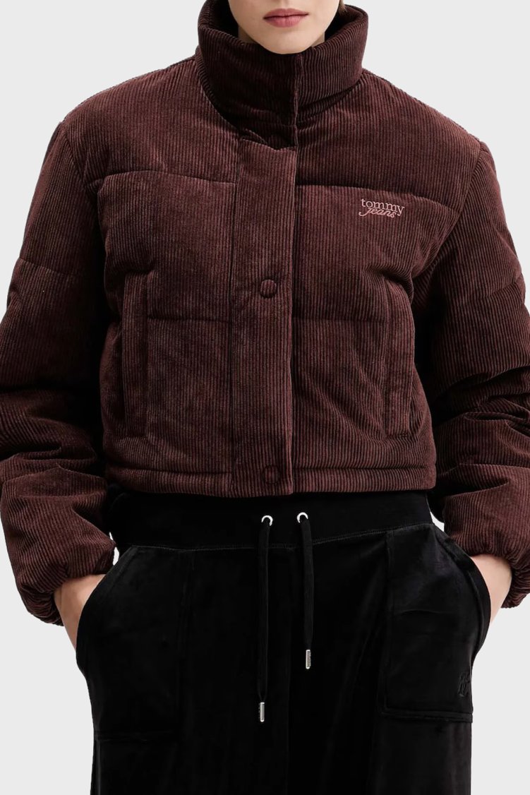 Tommy Jeans Su İtici Relaxed Fit Dik Yaka Kadife Kadın Mont DW0DW21658 GS7 KAHVE - Tommy Jeans