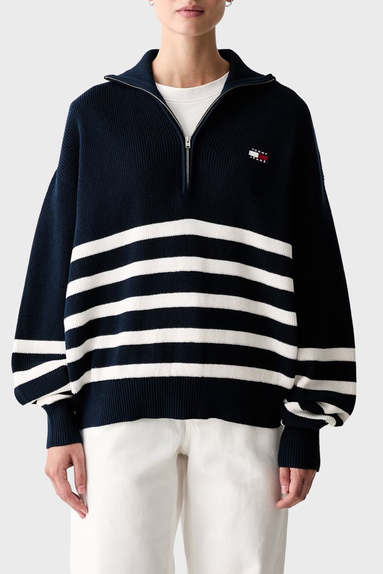 Tommy Jeans Yarım Fermuarlı Çizgili Relaxed Fit Dik Yaka Logolu Kadın Kazak DW0DW22928 0A9 Mavi - Tommy Jeans