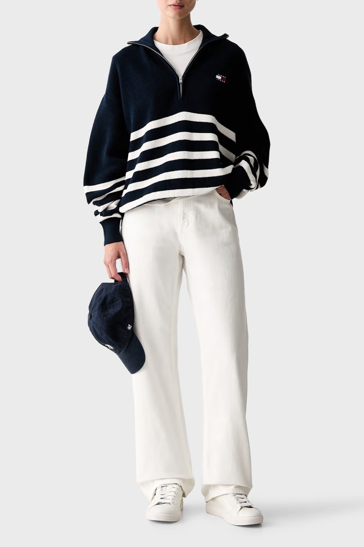 Tommy Jeans Yarım Fermuarlı Çizgili Relaxed Fit Dik Yaka Logolu Kadın Kazak DW0DW22928 0A9 Mavi - Tommy Jeans (1)