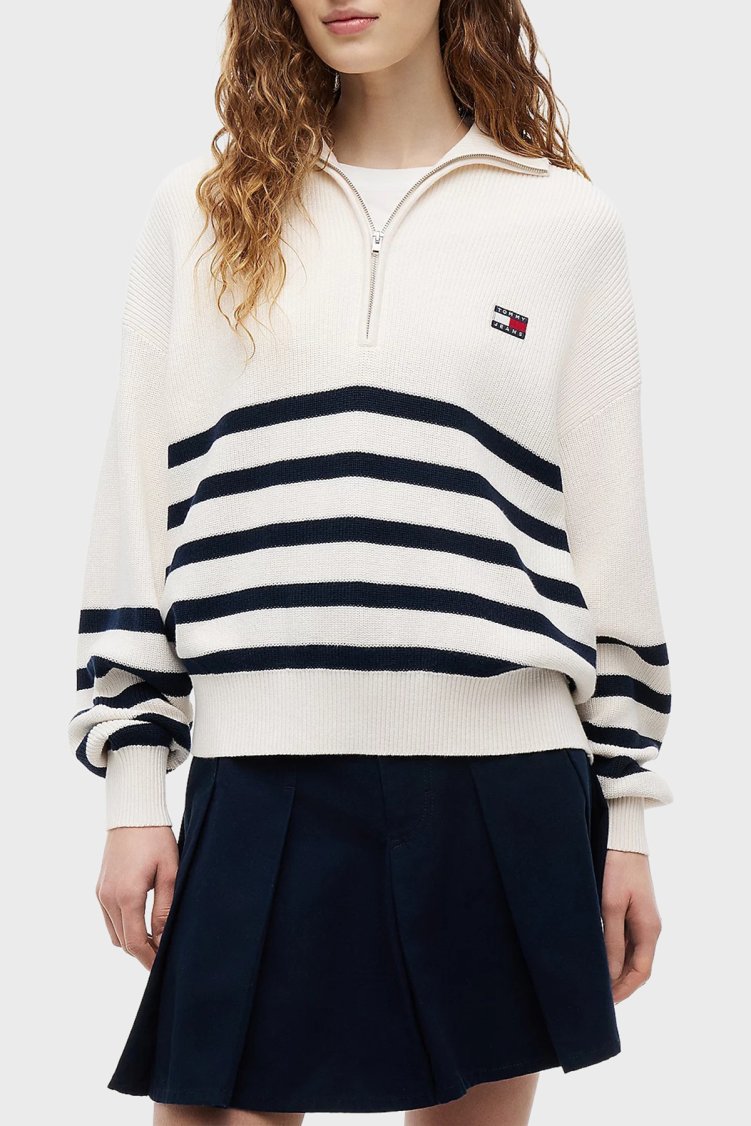 Tommy Jeans Yarım Fermuarlı Çizgili Relaxed Fit Dik Yaka Logolu Kadın Kazak DW0DW22928 YBH Beyaz - Tommy Jeans
