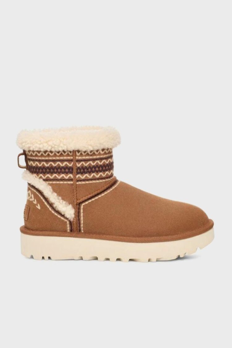 Ugg Klasik Mini Atherson İşlemeli Gerçek Yumuşak Tüylü Süet Kadın Bot 1158281 TABA - Ugg