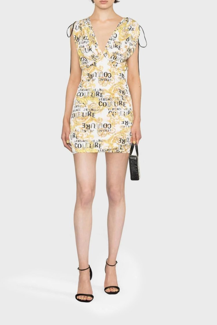 Versace Jeans Couture Desenli Omuzdan Büzgülü Slim Fit Bodycon Mini Kadın Elbise 74HAO921 JS162 G03 BEYAZ - Versace Jeans Couture