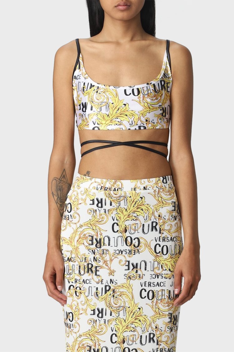 Versace Jeans Couture Barok Desenli Bağlama Detaylı Kadın Top 74HAM231 JS178 G03 BEYAZ - Versace Jeans Couture