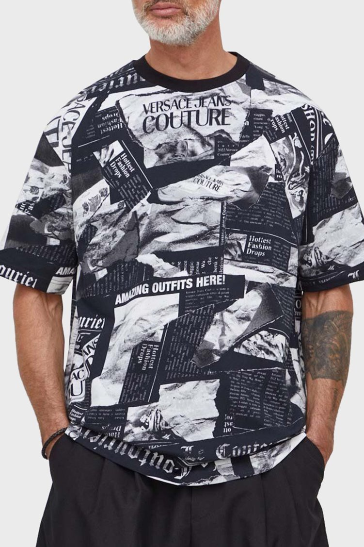 Versace Jeans Couture Desenli Bisiklet Yaka Pamuklu Relaxed Fit Erkek T Shirt 76GAH6L0 JS275 899 SİYAH - Versace Jeans Couture