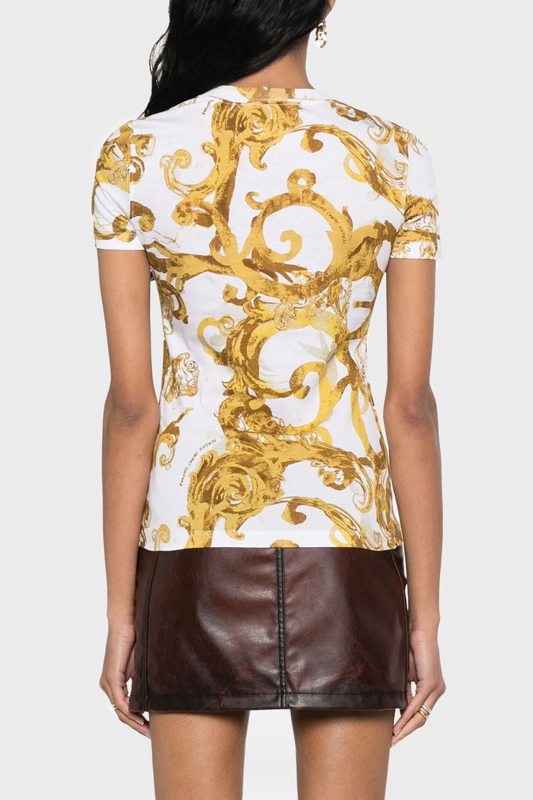 Versace Jeans Couture Desenli Bisiklet Yaka Pamuklu Slim Fit Kadın T Shirt 76HAH6D8 JS287 G03 BEYAZ-GOLD - Versace Jeans Couture (1)