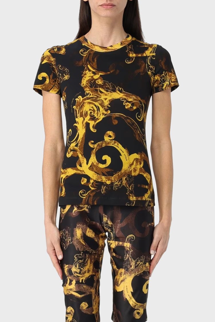 Versace Jeans Couture Desenli Bisiklet Yaka Pamuklu Slim Fit Kadın T Shirt 76HAH6D8 JS287 G89 SİYAH-GOLD - Versace Jeans Couture