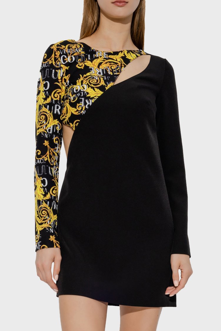 Versace Jeans Couture Logo Desen Baskılı Sırt Dekolteli Regular Fit Mini Kadın Elbise 74HAO910 N0103 899 SİYAH - Versace Jeans Couture