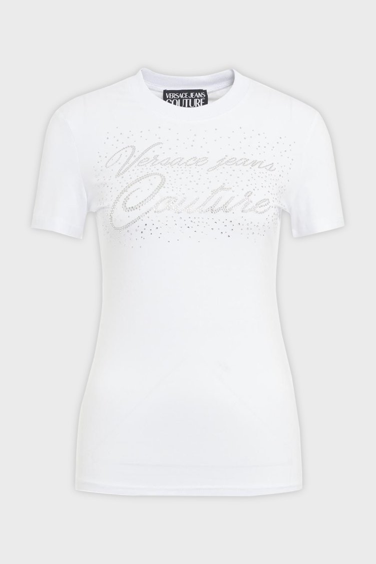 Versace Jeans Couture Logolu Pamuklu Bisiklet Yaka Slim Fit Kadın T Shirt 76HAH6A8 J0020 003 BEYAZ - Versace Jeans Couture