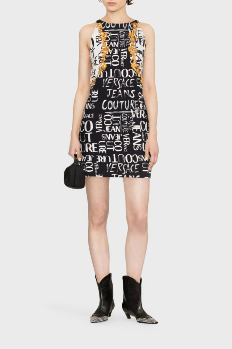 Versace Jeans Couture Pamuklu Logo Desen Baskılı Bisiklet Yaka Mini Kadın Elbise 74HAO95P ES054L54 G89 SİYAH - Versace Jeans Couture