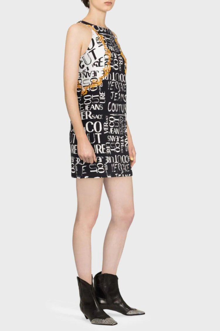 Versace Jeans Couture Pamuklu Logo Desen Baskılı Bisiklet Yaka Mini Kadın Elbise 74HAO95P ES054L54 G89 SİYAH - Versace Jeans Couture (1)