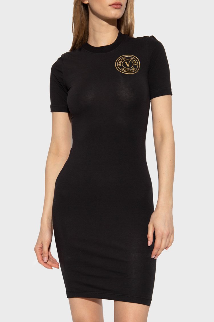 Versace Jeans Couture Pamuklu Logo Detaylı Mini T shirt Kadın Elbise 74HAOT06 CJ03T G89 SİYAH-GOLD - Versace Jeans Couture