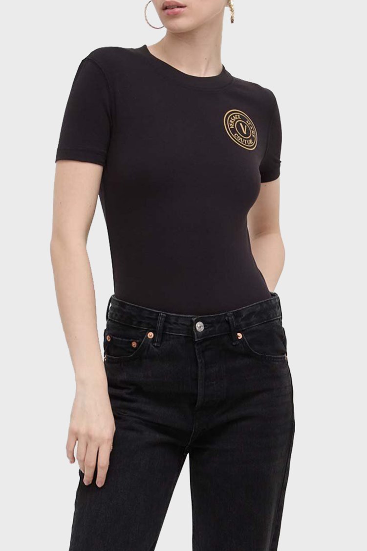 Versace Jeans Couture Pamuklu Regular Fit Bisiklet Yaka Kadın T Shirt 76HAHT02 CJ03T G89 SİYAH - Versace Jeans Couture