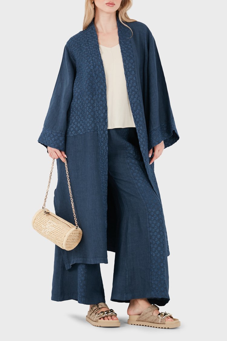 Via Dante % 100 Keten Brode İşlemeli Kadın Kimono 69912196 İNDİGO - Via Dante
