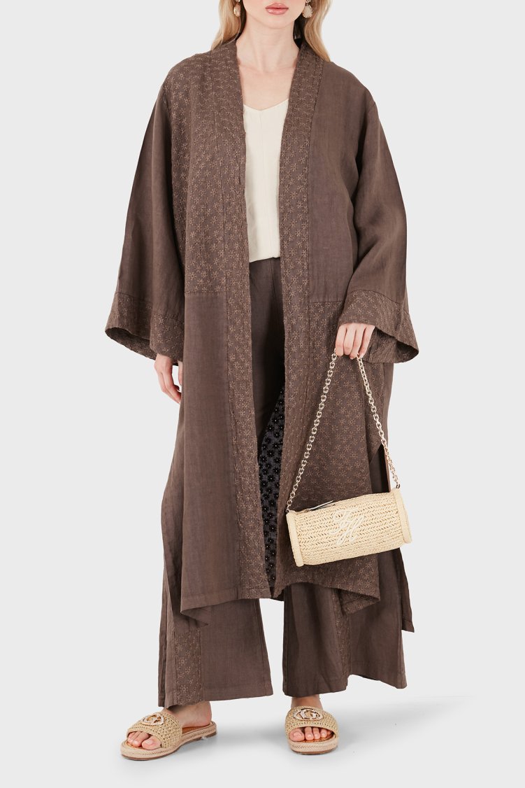 Via Dante % 100 Keten Brode İşlemeli Kadın Kimono 69912196 KAHVE - Via Dante