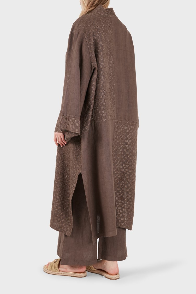 Via Dante % 100 Keten Brode İşlemeli Kadın Kimono 69912196 KAHVE - Via Dante (1)