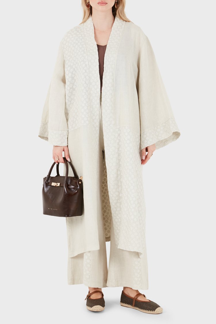 Via Dante % 100 Keten Brode İşlemeli Kadın Kimono 69912196 TAŞ - Via Dante