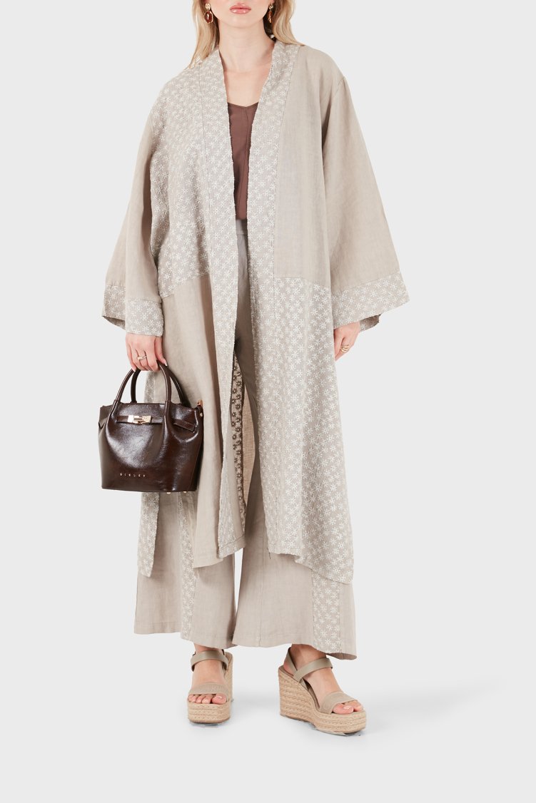 Via Dante % 100 Keten Brode İşlemeli Kadın Kimono 69912196 VİZON - Via Dante