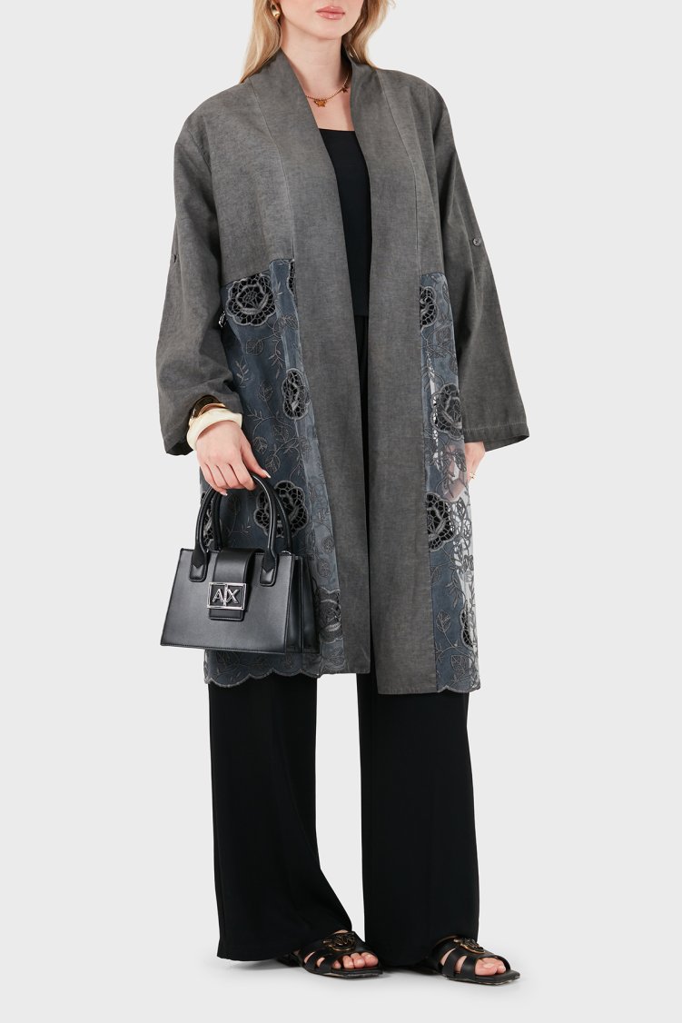 Via Dante % 100 Keten Dantel Detaylı Kadın Kimono 6909330 ANTRASİT - Via Dante