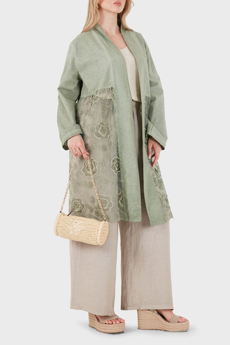 Via Dante % 100 Keten Dantel Detaylı Kadın Kimono 6909330 HAKİ - Via Dante