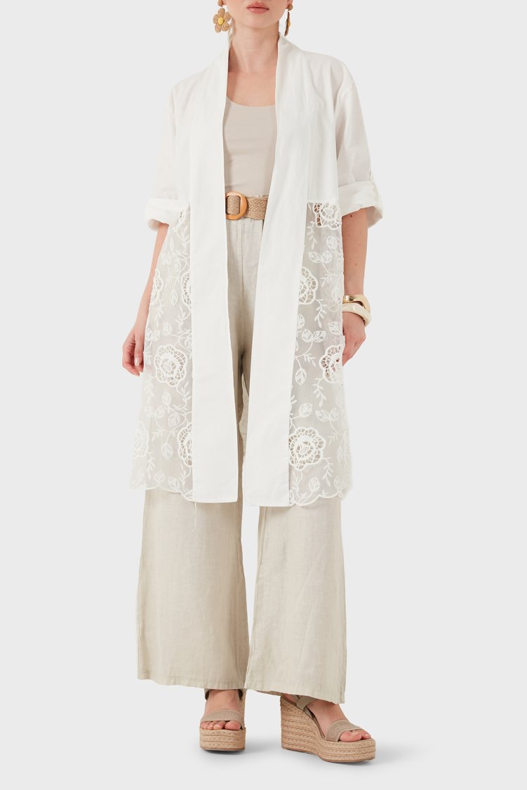 Via Dante % 100 Keten Dantel Detaylı Kadın Kimono 6909330 BEYAZ - Via Dante