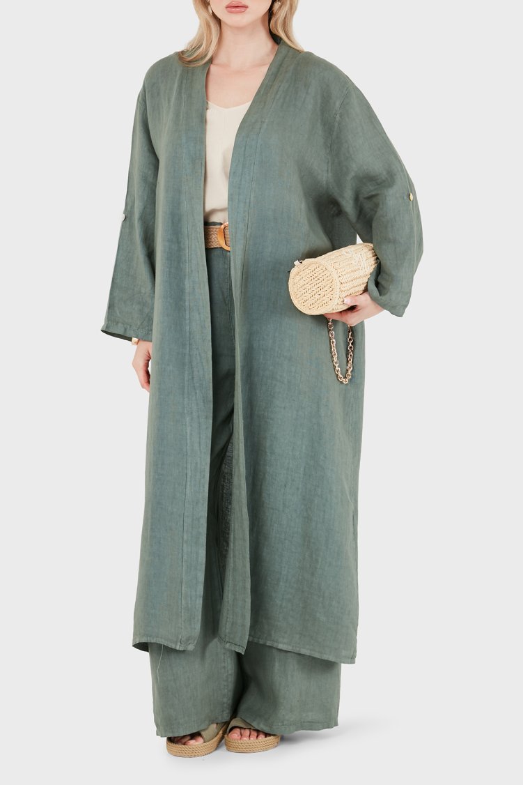 Via Dante% 100 Keten Dantel ve Brode İşleme Detaylı Kadın Kimono 7183543 HAKİ - Via Dante