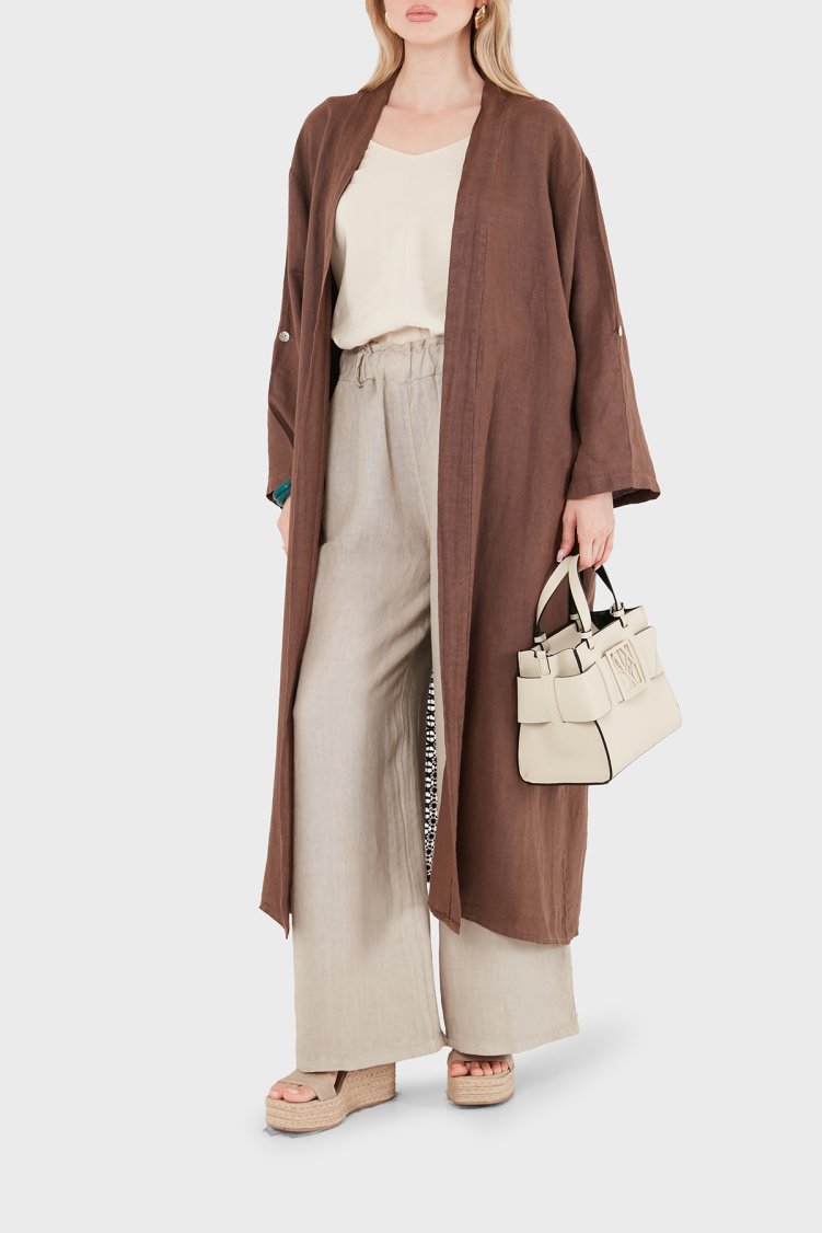 Via Dante % 100 Keten Dantel ve Brode İşleme Detaylı Kadın Kimono 7183609 KAHVE - Via Dante