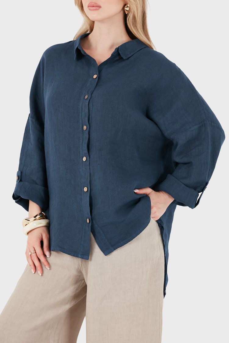 Via Dante % 100 Keten Oversize Yarı Transparan Kadın Gömlek 7697 LACİVERT - Via Dante
