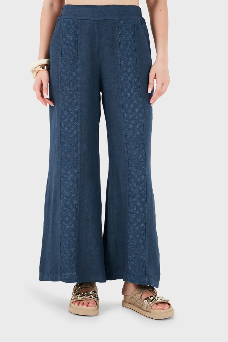 Via Dante % 100 Keten Relaxed Fit Brode İşlemeli Kadın Pantolon 69912211 İNDİGO - Via Dante