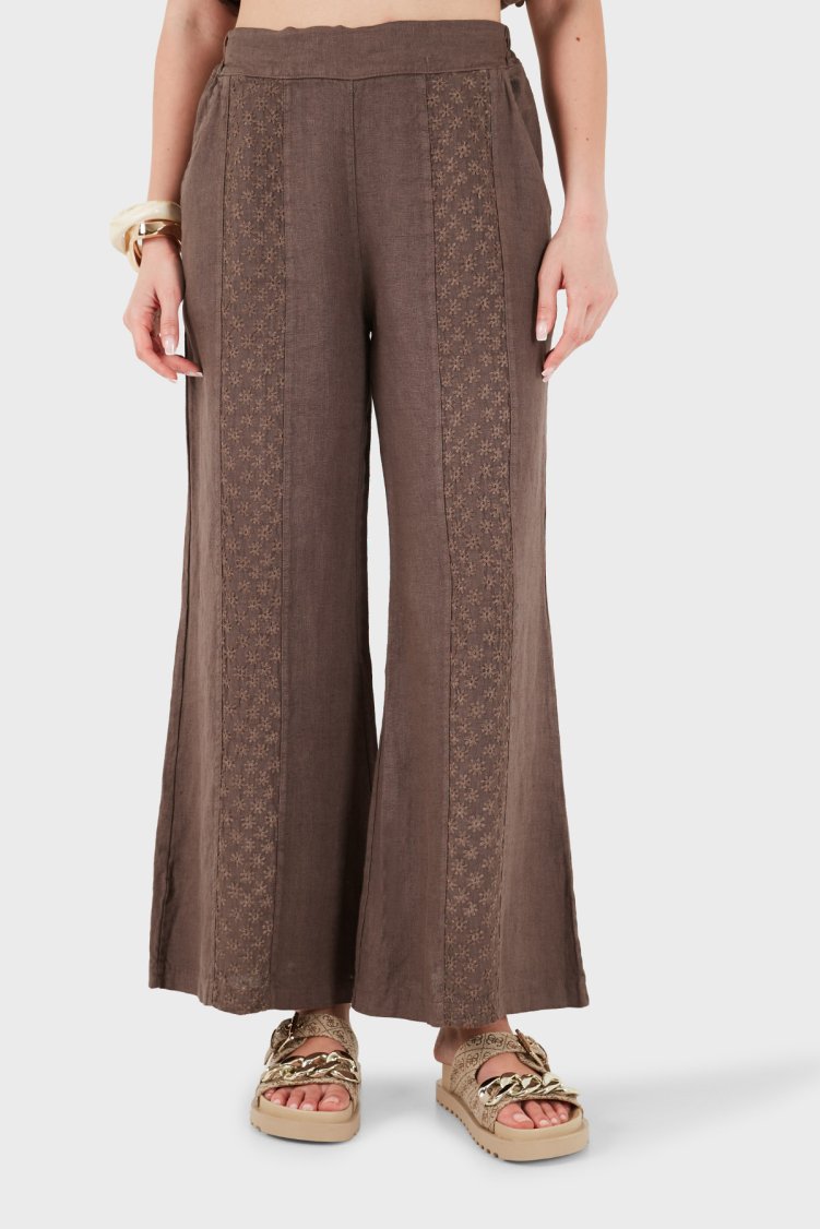 Via Dante % 100 Keten Relaxed Fit Brode İşlemeli Kadın Pantolon 69912211 KAHVE - Via Dante