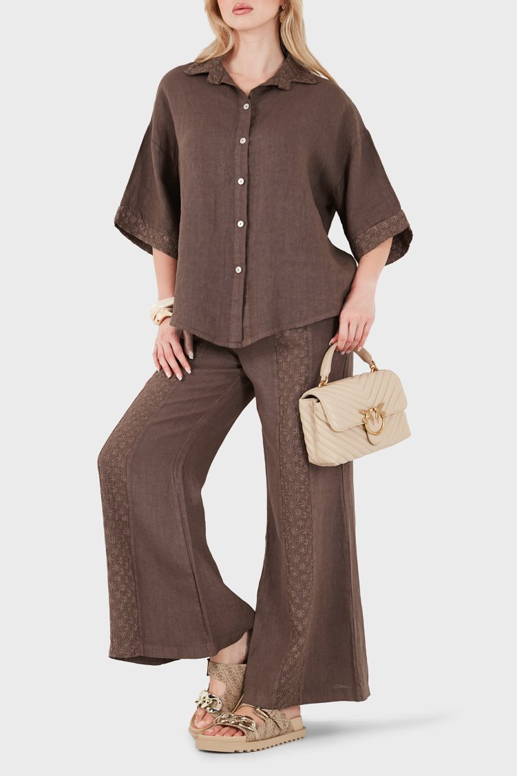 Via Dante % 100 Keten Relaxed Fit Brode İşlemeli Kadın Pantolon 69912211 KAHVE - Via Dante (1)