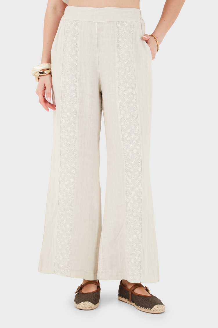 Via Dante % 100 Keten Relaxed Fit Brode İşlemeli Kadın Pantolon 69912211 TAŞ - Via Dante