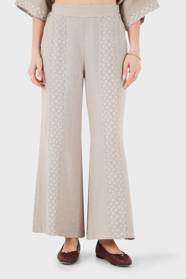 Via Dante % 100 Keten Relaxed Fit Brode İşlemeli Kadın Pantolon 69912211 VİZON - Via Dante